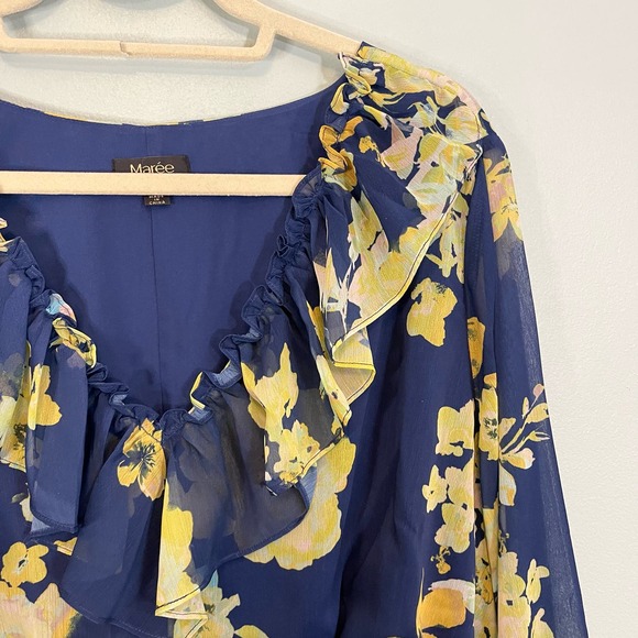 MAREE Blouse 14 Georgette Floral Ruffle Cinch Waist Peplum Long Sleeves Blue NWT - Picture 4 of 9
